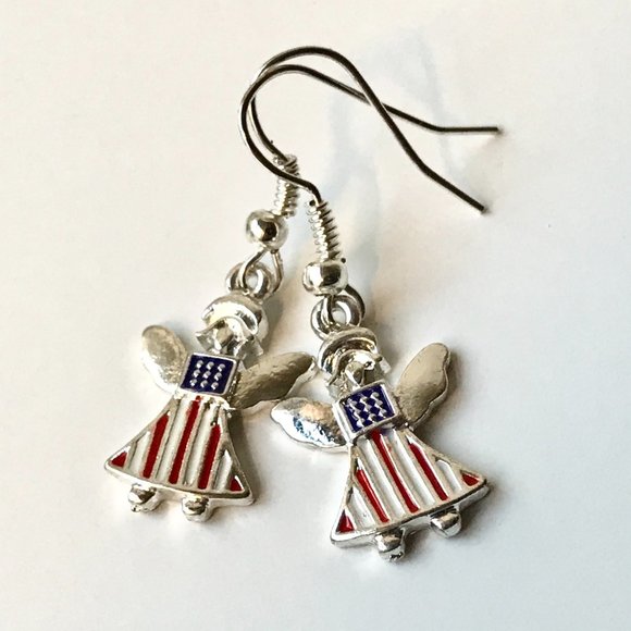 USA American Flag Necklace Earrings Set Angel Patriotic July 4th Enamel 18" - Picture 4 of 12